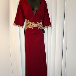 NWT Maroon & Gold Embroidered Evening Dress